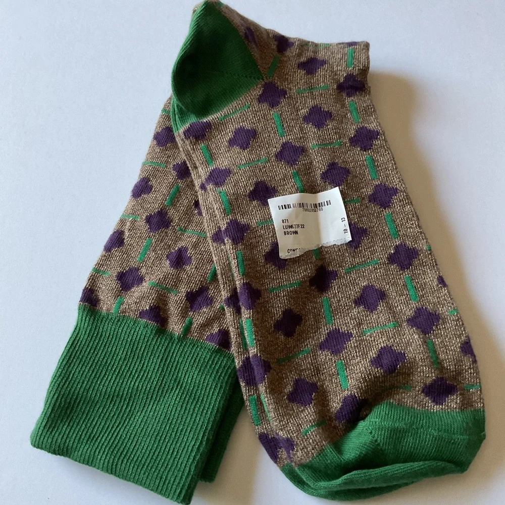 LORENZO UOMO MOROCCAN TILE PRINT CREW SOCKS BROWN GREEN COTTON OS NWOT